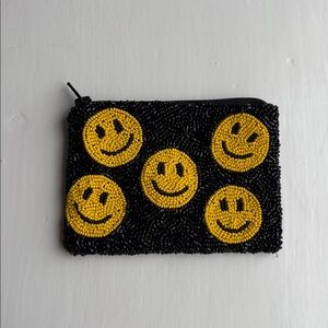 Tiana NY Black Beaded 90s Y2K Coin Purse Pouch with Yellow Smiley Faces